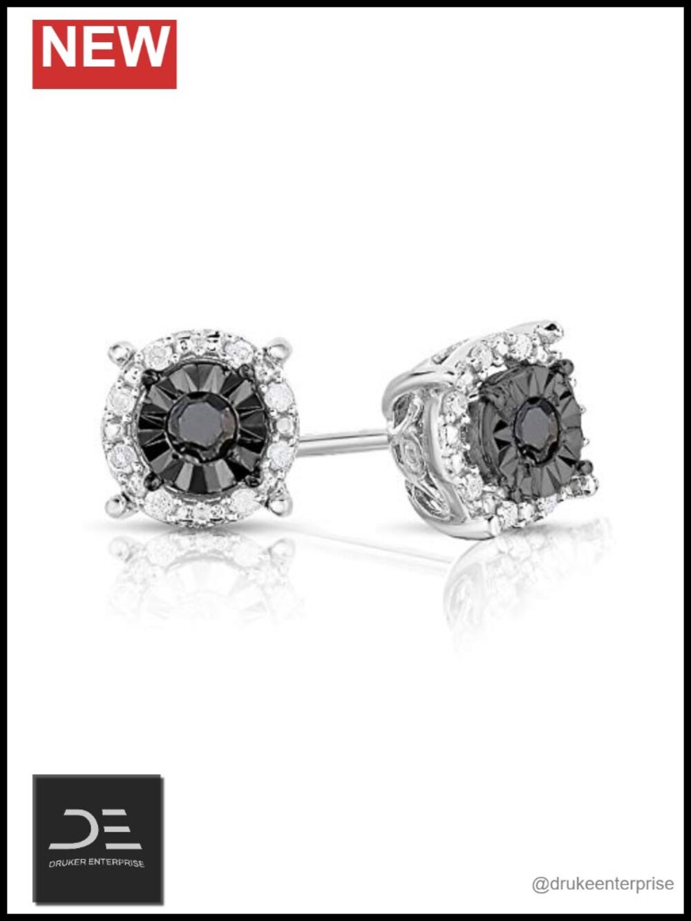 Rhodium Plated Sterling Silver Diamond Stud Earrings Halo Style